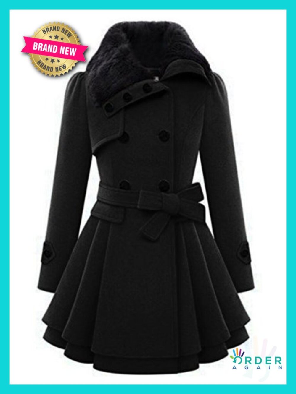 Faux Fur Collar Double Breasted Pea Coat Belted Winter